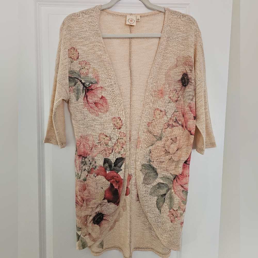 LIVE IN THE MOMENT Boho Floral Open Cardigan Duster Neutral Beige Size Small